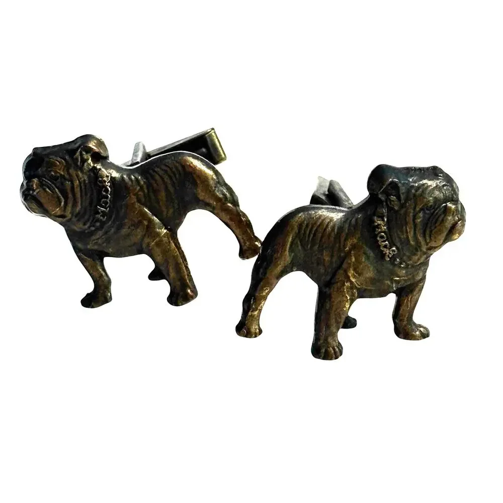 Vintage men's cufflinks Mack Truck brass bulldogs bronze goldtone etched metal